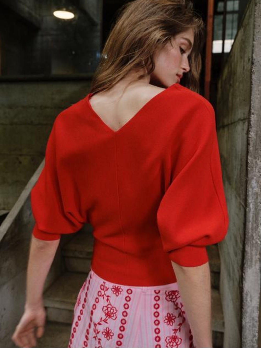 Zara Red V-Neck Puff Sleeve Women's Sweater